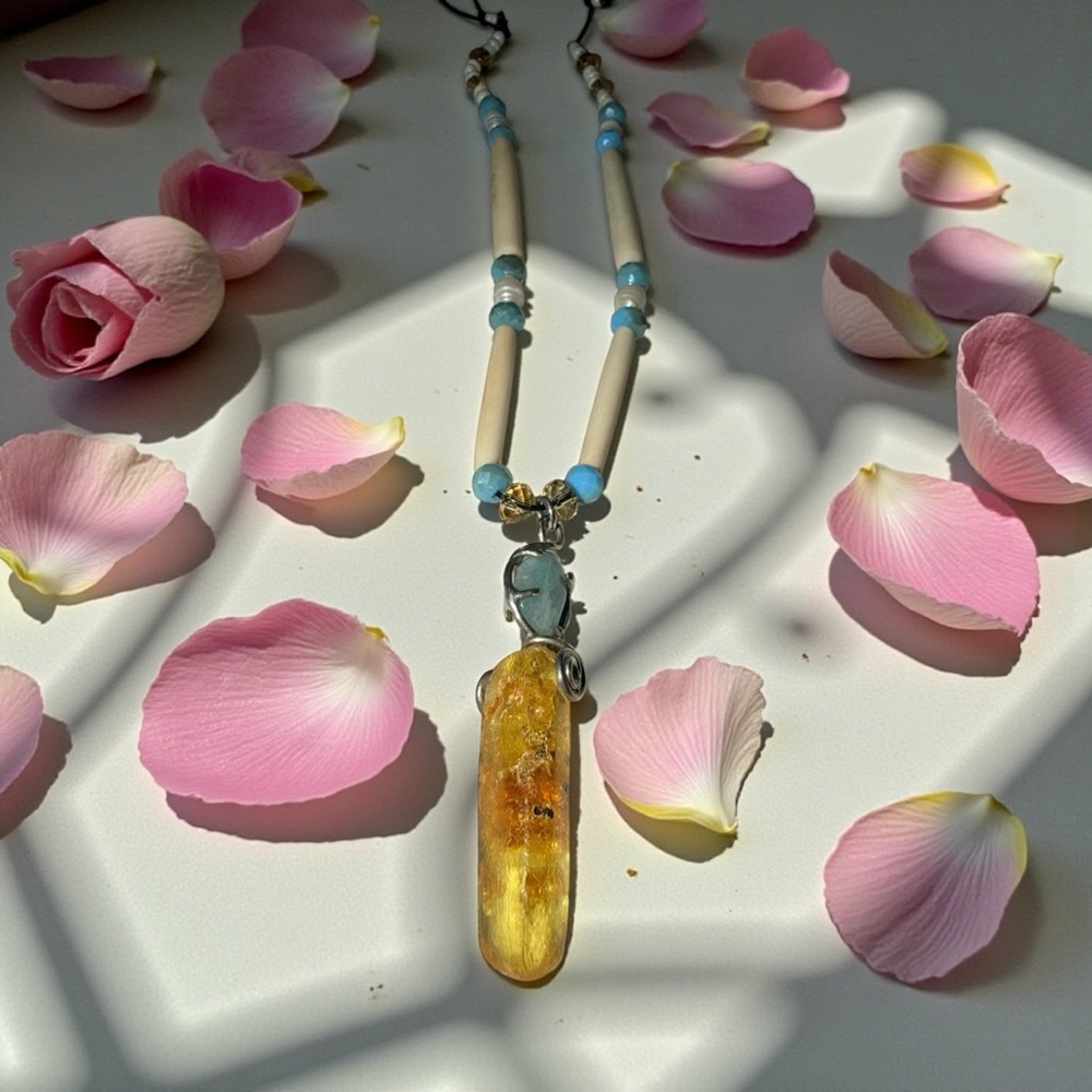 Stunning AMBER AQUAMARINE .925 Pendant Necklace with bone real pearls